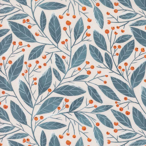 Pattern of blue leaves and orange berries on a white background