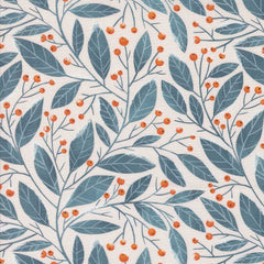 Pattern of blue leaves and orange berries on a white background