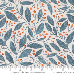 Pattern of blue leaves and orange berries on a white background with ruler