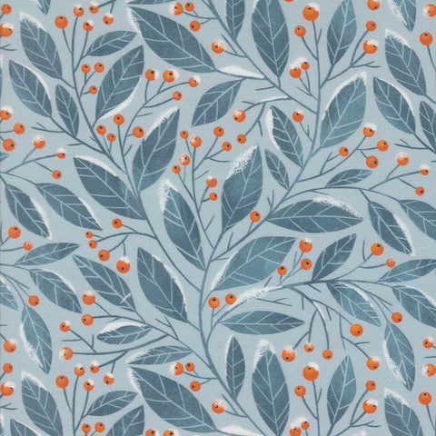 Pattern of blue leaves and orange berries on a light blue background