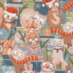 Pattern of cartoon cats in festive attire with Christmas elements on a multicolored background
