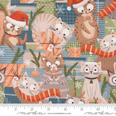 Pattern of cartoon cats in festive attire with Christmas elements on a multicolored background with ruler