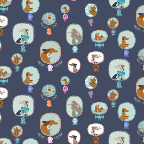 Pattern of dog badges on a dark blue background