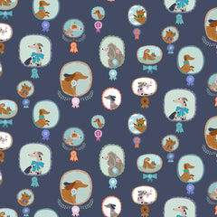 Pattern of dog badges on a dark blue background