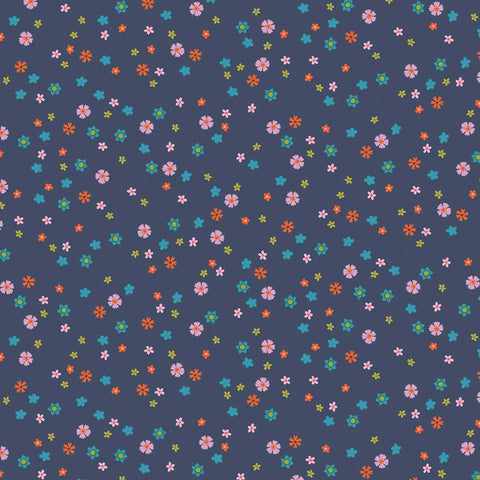 Pattern of small colorful flowers on a dark blue background