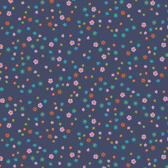 Pattern of small colorful flowers on a dark blue background