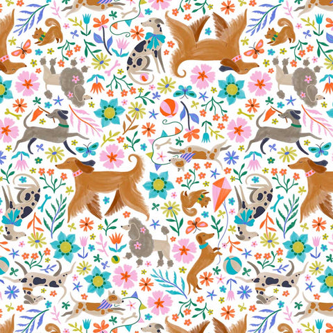 Pattern of various dog breeds and flowers on a white background