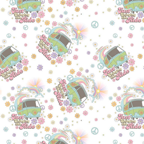 Pattern of 'Just Enjoying the Ride' text, green vans, flowers, and peace signs on a white background