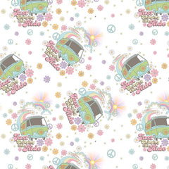Pattern of 'Just Enjoying the Ride' text, green vans, flowers, and peace signs on a white background