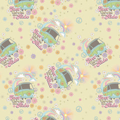 Pattern of 'Just Enjoying the Ride' text, green vans, flowers, and peace signs on a yellow background