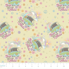 Pattern of 'Just Enjoying the Ride' text, green vans, flowers, and peace signs on a yellow background with ruler