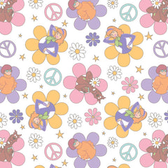 Pattern of Scooby Doo characters, flowers, and peace signs on a white background