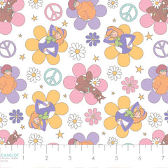 Pattern of Scooby Doo characters, flowers, and peace signs on a white background with ruler
