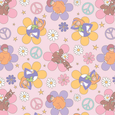 Pattern of Scooby Doo characters, flowers, and peace signs on a pink background