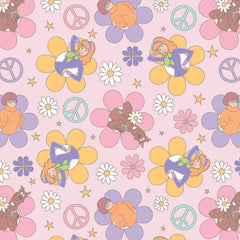 Pattern of Scooby Doo characters, flowers, and peace signs on a pink background