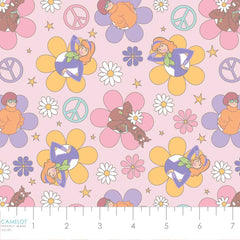 Pattern of Scooby Doo characters, flowers, and peace signs on a pink background with ruler