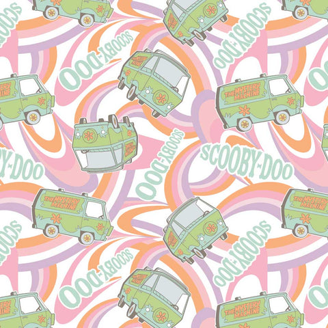 Pattern of 'Scooby-Doo' text, green vans, and rainbows on a light background