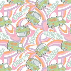 Pattern of 'Scooby-Doo' text, green vans, and rainbows on a light background