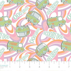 Pattern of 'Scooby-Doo' text, green vans, and rainbows on a light background with ruler