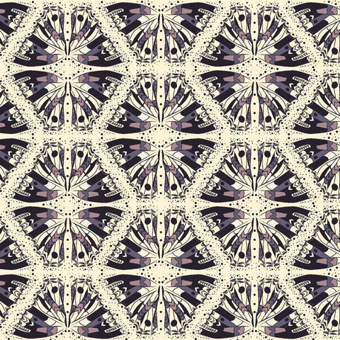 Decorative, geometric pattern with black, purple, and white colors