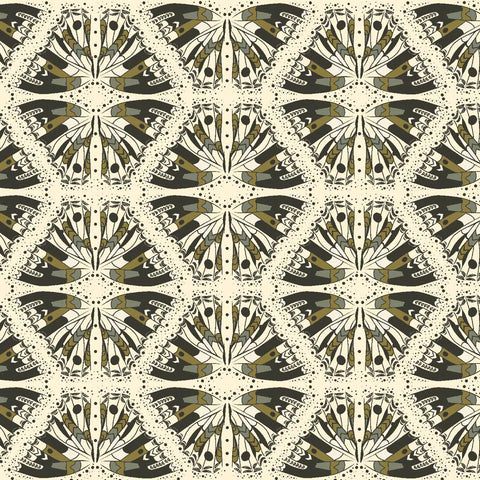 Decorative, geometric pattern with black, gold, and white colors