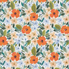 Pattern of orange, peach, and blue flowers on a white background