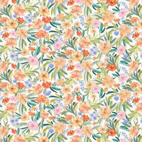 Floral pattern with colorful flowers and leaves on a white background