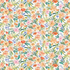 Floral pattern with colorful flowers and leaves on a white background