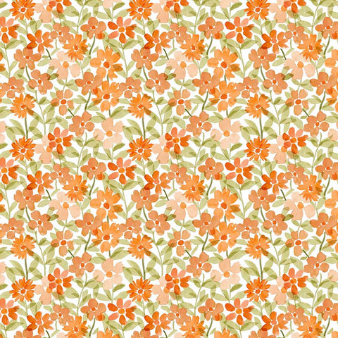 Pattern of small orange flowers with green leaves on a white background
