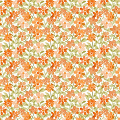 Pattern of small orange flowers with green leaves on a white background