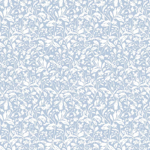 Pattern of climbing garden flowers on a blue background