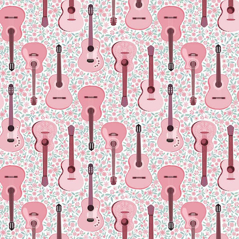 Pattern of pink guitars on a floral background