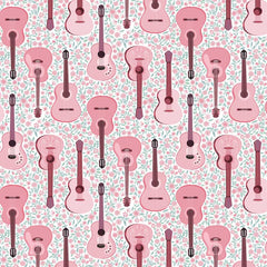 Pattern of pink guitars on a floral background
