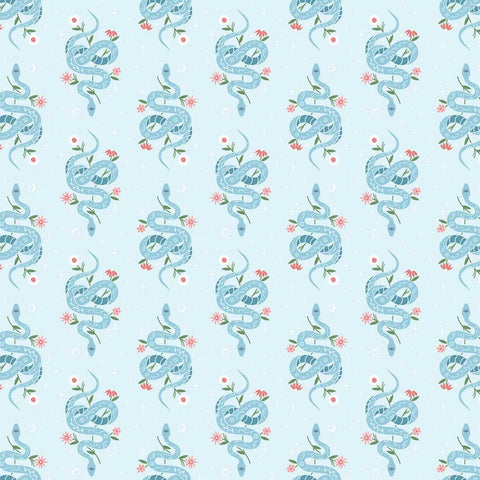 Pattern of blue snakes and flowers on a light blue background