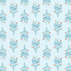 Pattern of blue snakes and flowers on a light blue background