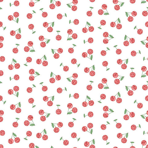Pattern of red cherries with green stems on a white background
