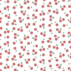Pattern of red cherries with green stems on a white background
