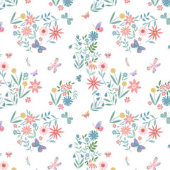 Pattern of flowers and butterflies on a white background