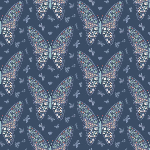 Butterfly pattern with floral details on a dark blue background