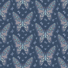 Butterfly pattern with floral details on a dark blue background