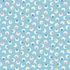 Pattern of cats inside white circles on a blue background