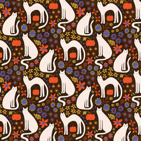 Pattern of white cats, pumpkins, and flowers on a brown background
