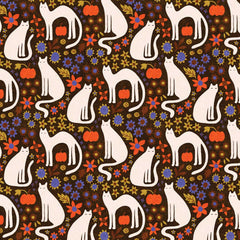 Pattern of white cats, pumpkins, and flowers on a brown background