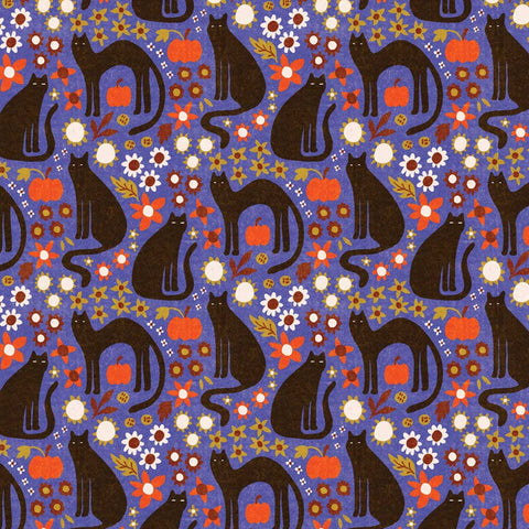 Pattern of black cats, pumpkins, and flowers on a blue background