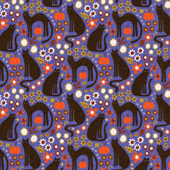 Pattern of black cats, pumpkins, and flowers on a blue background