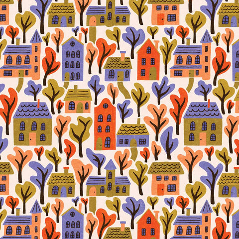 Pattern of colorful houses and trees on a white background