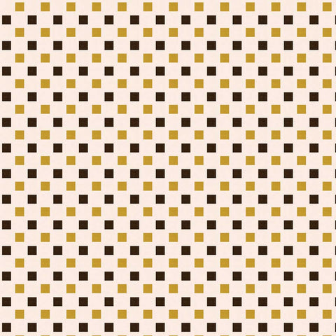 Pattern of small yellow and brown squares on an ivory background