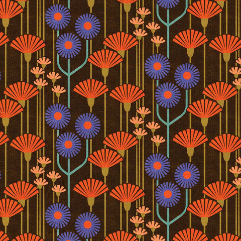 Pattern of red, blue, and pink flowers on a brown background