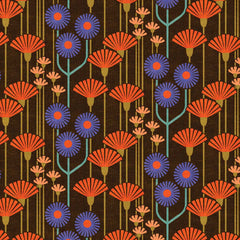 Pattern of red, blue, and pink flowers on a brown background