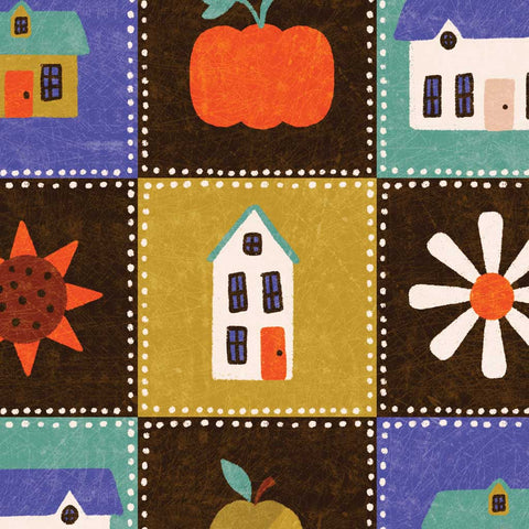 Halloween-themed design with a delightful array of motifs including pumpkins, sunflowers, and quaint houses, all set against a rich brown background with a playful dotted border framing each square